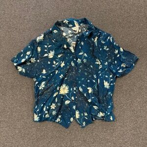 Vintage Bentley Floral Button Down Shirt Womens XL Teal Good Short Sleeve